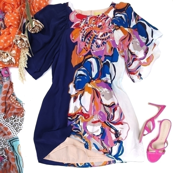 Maeve Anthropologie Blue Pink Orange Floral Silk Dress Sz S - Picture 13 of 16